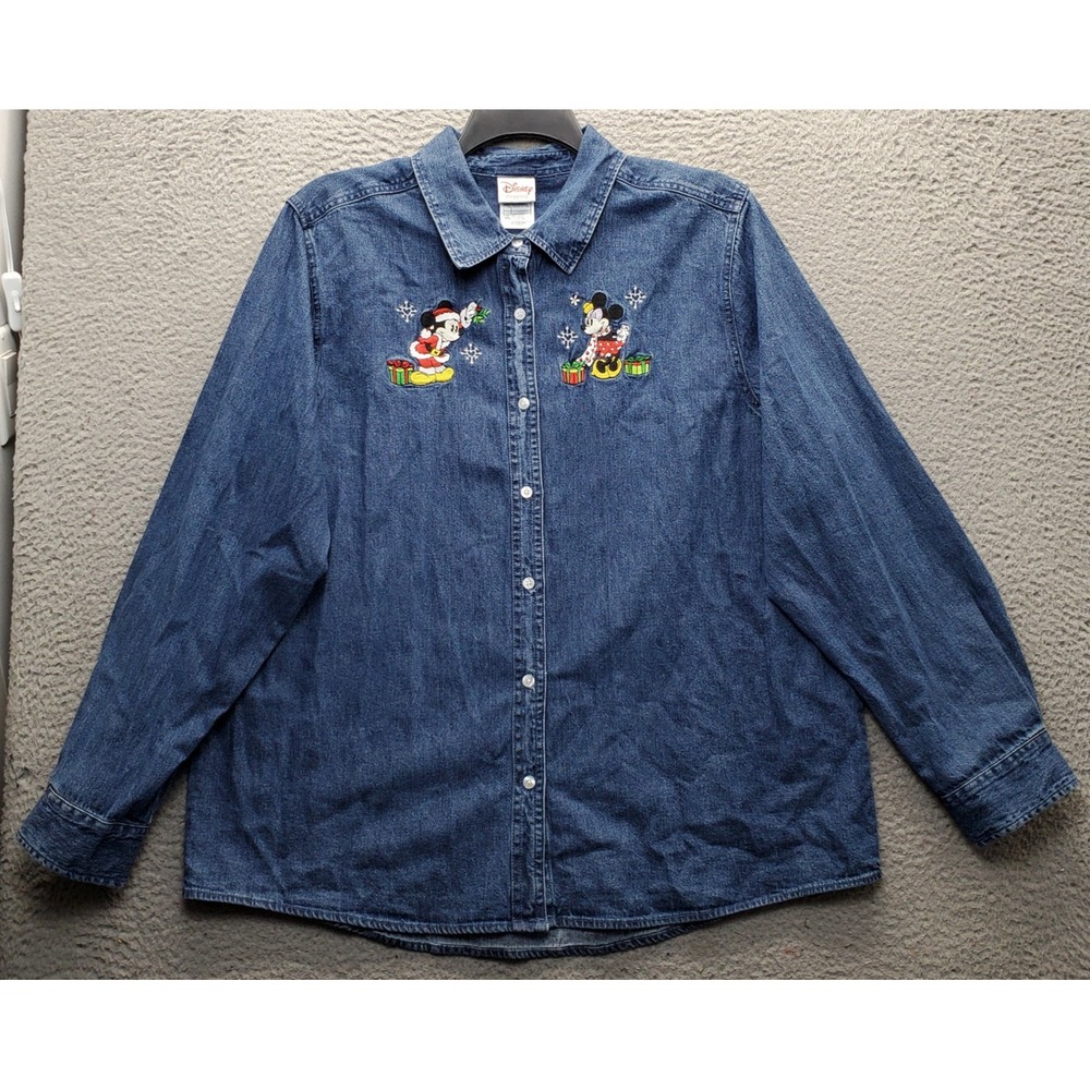 Disney Denim Shirt Womens XXL Blue Mickey Minnie Mouse Christmas Embroidered EUC